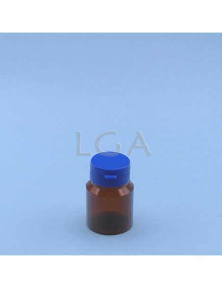 Pilulier plastique ambré cristal 30ml, à couvercle inviolable