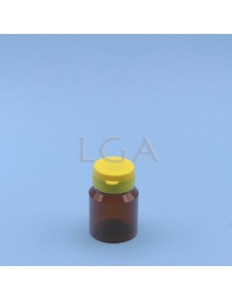 Pilulier plastique ambré cristal 30ml, à couvercle inviolable