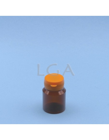Pilulier plastique ambré cristal 30ml, à couvercle inviolable
