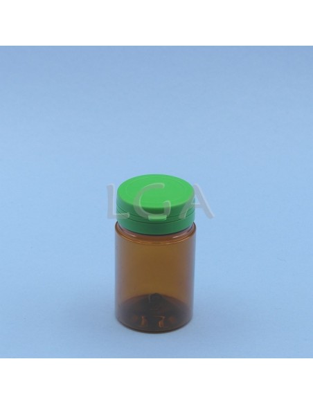 Pilulier plastique ambré cristal 75ml, à couvercle inviolable