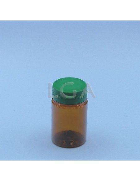 Pilulier plastique ambré cristal 75ml, à couvercle inviolable