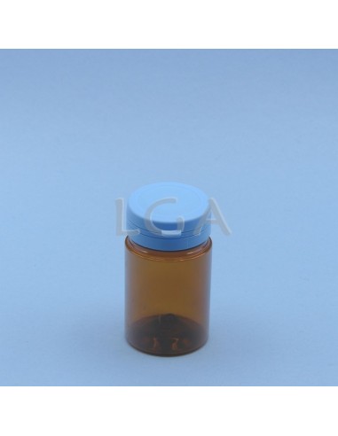 Pilulier plastique ambré cristal 75ml, à couvercle inviolable