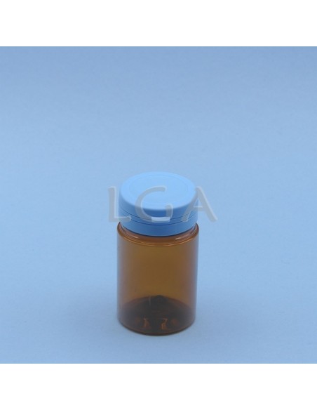 Pilulier plastique ambré cristal 75ml, à couvercle inviolable