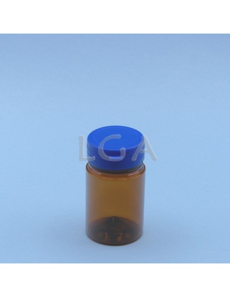 Pilulier plastique ambré cristal 75ml, à couvercle inviolable