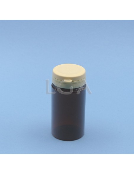 Kapselbox aus Plastik, bernsteinfarben- kristallen, 100ml mit Verschluss mit Sicherheitsgewinde