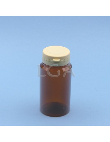 Pilulier plastique ambré cristal 125ml, à couvercle inviolable