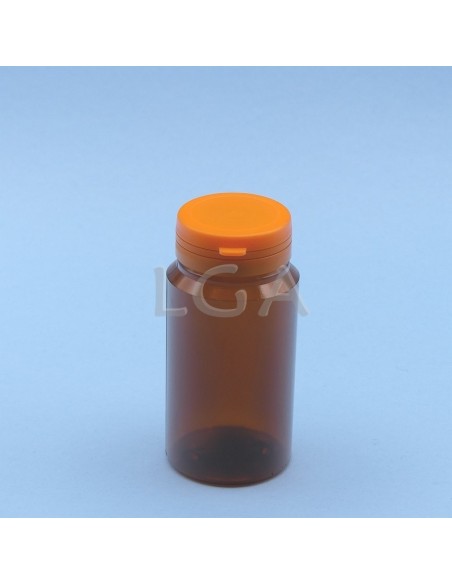 Pilulier plastique ambré cristal 125ml, à couvercle inviolable