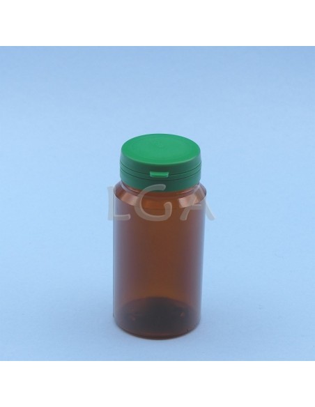 Pilulier plastique ambré cristal 125ml, à couvercle inviolable