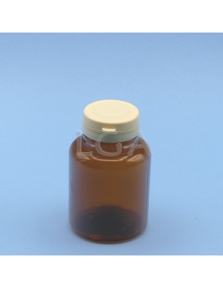 Pilulier plastique ambré cristal 200ml, à couvercle inviolable