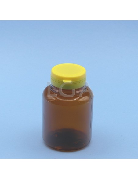 Pilulier plastique ambré cristal 200ml, à couvercle inviolable