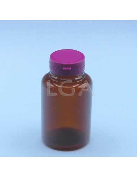 Pilulier plastique ambré cristal 250ml, à couvercle inviolable