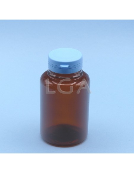 Pilulier plastique ambré cristal 250ml, à couvercle inviolable
