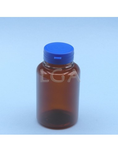 Pilulier plastique ambré cristal 250ml, à couvercle inviolable