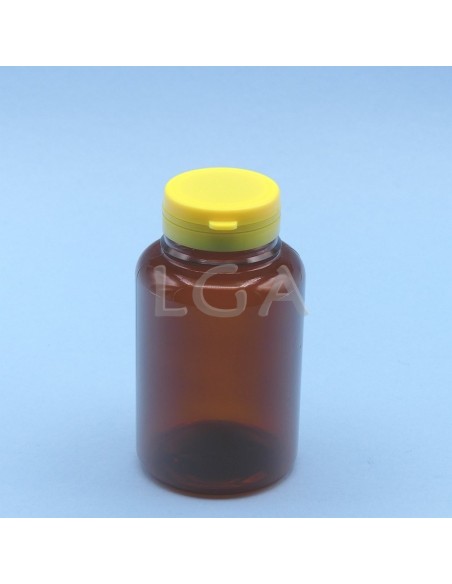 Pilulier plastique ambré cristal 250ml, à couvercle inviolable