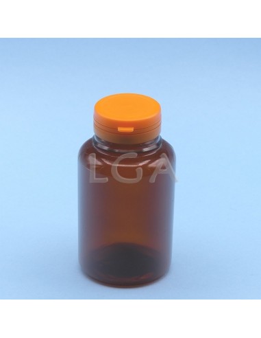 Pilulier plastique ambré cristal 250ml, à couvercle inviolable