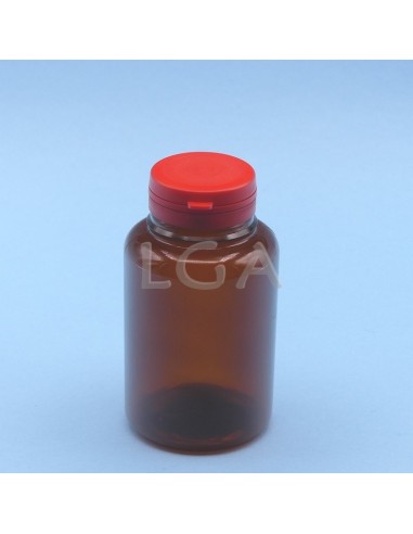 Pilulier plastique ambré cristal 250ml, à couvercle inviolable