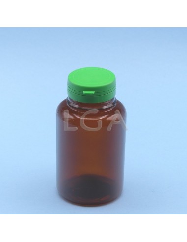 Pilulier plastique ambré cristal 250ml, à couvercle inviolable
