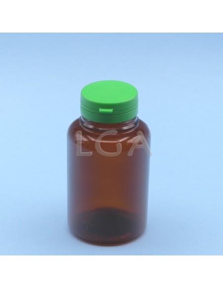 Pilulier plastique ambré cristal 250ml, à couvercle inviolable