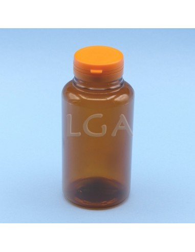 Pilulier plastique ambré cristal 300ml, à couvercle inviolable