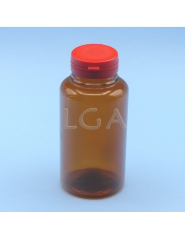 Pilulier plastique ambré cristal 300ml, à couvercle inviolable